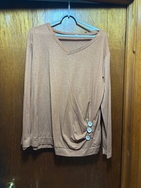 Women's V-Neck Long Sleeve Button Detail Top - Rust